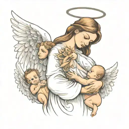 angel mother holding her 2 angel boys, one is 3 month old and the other 2 years old tattoo design idea