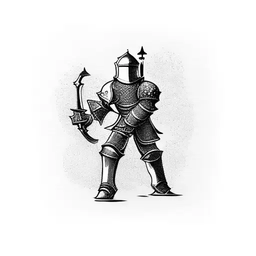 A dotwork tattoo of a knight holding a guitar, with a pixelated gaming controller as a shield tattoo design idea