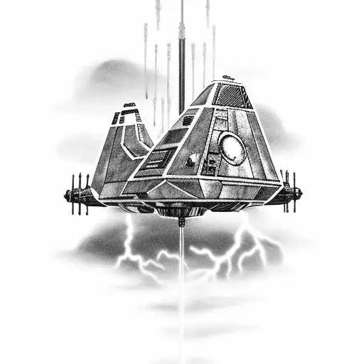 A black-grey tattoo of a Star Wars ship flying through a stormy sky, with lightning bolts shaped like music notes tattoo design idea