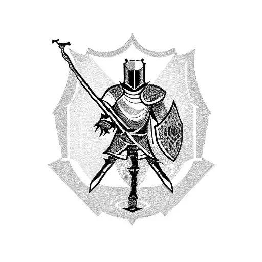 A blackwork tattoo of a knight holding a guitar, with a pixelated gaming controller as a shield tattoo design idea