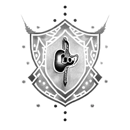 A dotwork tattoo of a knight holding a guitar, with a pixelated gaming controller as a shield tattoo design idea