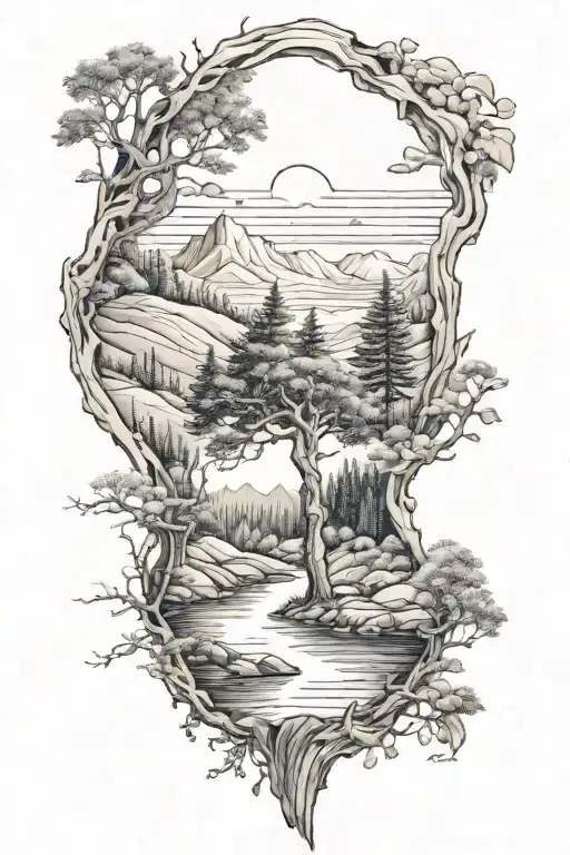 A realistic tattoo of a serene outdoor scene with a subtle transgender symbol hidden within the landscape, blending nature and identity tattoo design idea