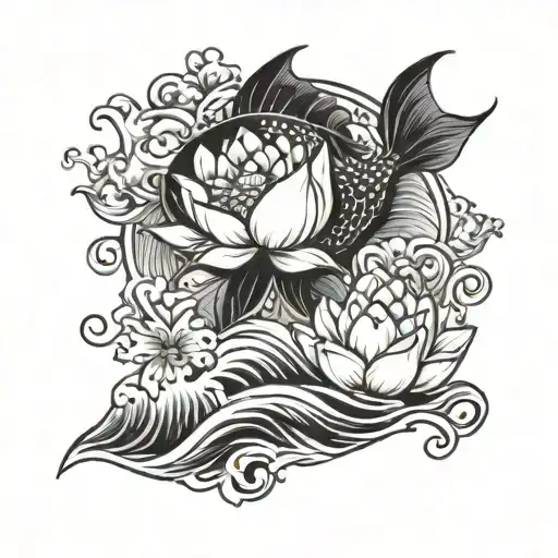 coi fish on waves with lotus flower tattoo design combining elements tattoo design idea