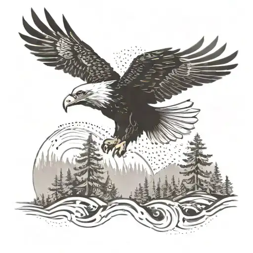 An eagle soaring over a forest with a car driving through a winding road below tattoo design idea