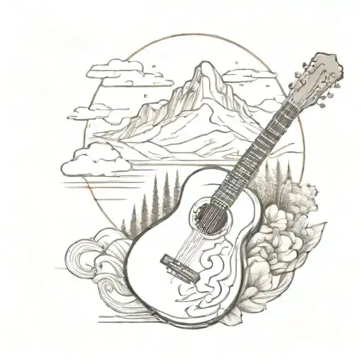 A tattoo design combining a guitar and a mountain landscape tattoo design idea