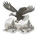 An eagle soaring over a forest with a car driving through a winding road below tattoo design idea