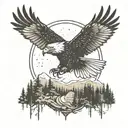 An eagle soaring over a forest with a car driving through a winding road below tattoo design idea