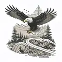 An eagle soaring over a forest with a car driving through a winding road below tattoo design idea