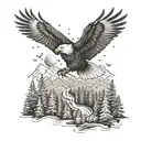 An eagle soaring over a forest with a car driving through a winding road below tattoo design idea