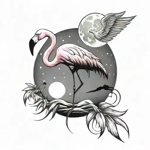Flamingo with cat under the moon tattoo design idea