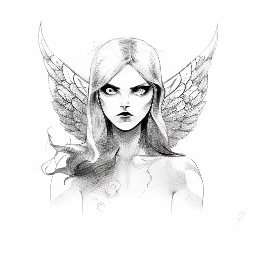 A half-angel, half-devil woman waits with her hands up tattoo design idea