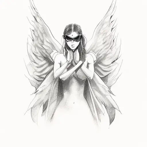 A half-angel, half-devil woman waits with her hands up tattoo design idea