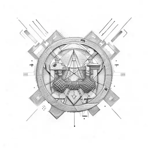Combine the symbols of alchemy and technology in a futuristic design tattoo design idea