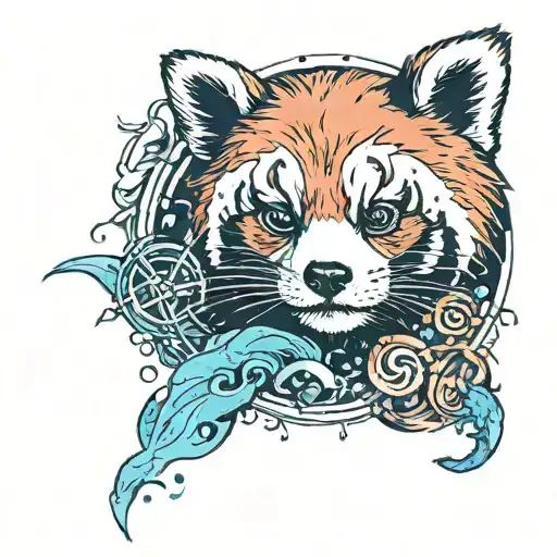 Red Panda face with earth, wind, water, and fire symbols around it tattoo design idea