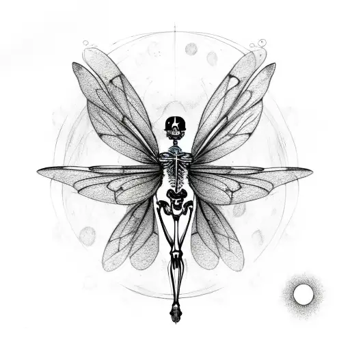 Fairy, woman, dragonfly wings, skeleton and moon tattoo design idea