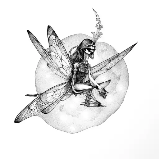 Fairy, woman, dragonfly wings, skeleton and moon tattoo design idea