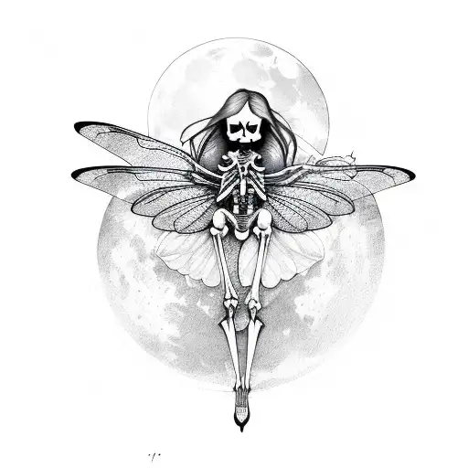 Fairy, woman, dragonfly wings,half skeleton and moon tattoo design idea