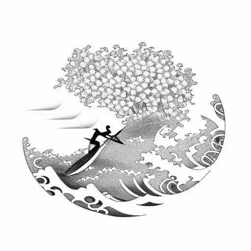 A windsurfer riding a wave with Japanese cherry blossoms in the background tattoo design idea
