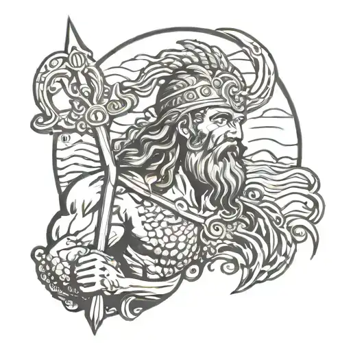 portret of poseidon with Ukraine trident. the ocean and big waves on the background tattoo design idea