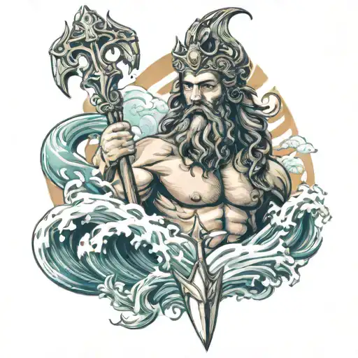 portret of poseidon with ukraine trident. the ocean and big waves on the background tattoo design idea