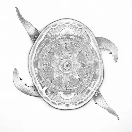 A dotwork tattoo featuring a detailed illustration of a turtle and a manta ray in a yin and yang formation tattoo design idea
