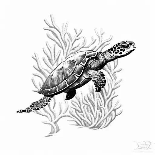 An underwater scene with a majestic sea turtle swimming among vibrant coral reefs and tropical fish tattoo design idea