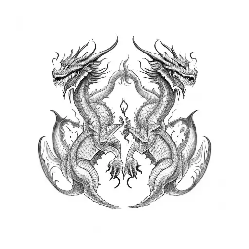 2 symmetrical dragons with red accents and janapense art on the side as a flash tattoo sheet  tattoo design idea