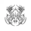 2 symmetrical dragons with red accents and janapense art on the side as a flash tattoo sheet  tattoo design idea