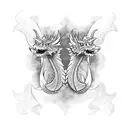 2 symmetrical dragons with red accents and janapense art on the side as a flash tattoo sheet  tattoo design idea