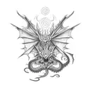 2 symmetrical dragons with red accents and janapense art on the side as a flash tattoo sheet  tattoo design idea