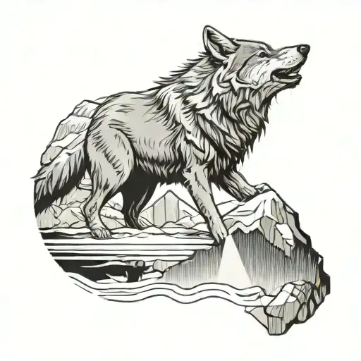 A wolf howling at the moon above a mountain range, with the reflection in a crystal-clear lake below tattoo design idea