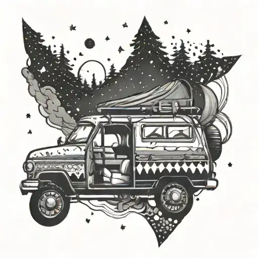 An intricate dotwork design of a cozy camping scene inside a car, with a starry night sky overhead tattoo design idea