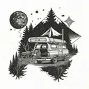 An intricate dotwork design of a cozy camping scene inside a car, with a starry night sky overhead tattoo design idea