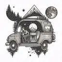 An intricate dotwork design of a cozy camping scene inside a car, with a starry night sky overhead tattoo design idea