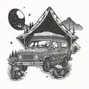 An intricate dotwork design of a cozy camping scene inside a car, with a starry night sky overhead tattoo design idea