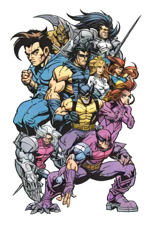 I want it to be X-Men themed with characters Wolverine, Gambit, Nightcrawler, Cyclops, Jean Grey, Storm and Rouge tattoo design idea