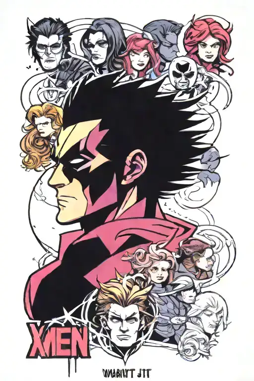 I want it to be X-Men themed with characters Wolverine, Gambit, Nightcrawler, Cyclops, Jean Grey, Storm and Rouge tattoo design idea