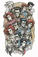 I want it to be X-Men themed with characters Wolverine, Gambit, Nightcrawler, Cyclops, Jean Grey, Storm and Rouge tattoo design idea