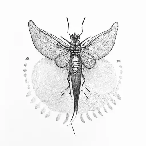 A detailed illustration of a grasshopper perched on a peacock feather tattoo design idea