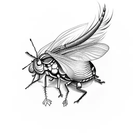 A realistic depiction of a grasshopper resting on a vibrant peacock feather tattoo design idea