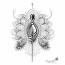 A dotwork design featuring a peacock feather with the Latin phrase 'fortis in animo' delicately woven into the intricate patterns tattoo design idea