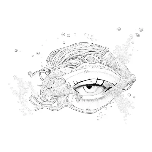 women underwater, eyes closed, beautiful hair tattoo design idea