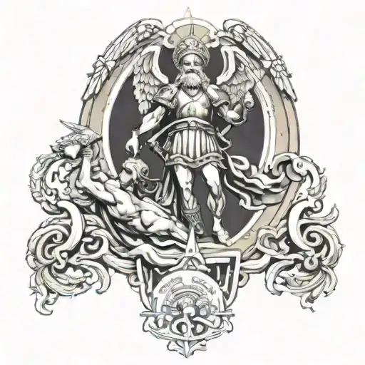 Orthodox christian themed tattoo featuring saint michael defeating the devil on the left outer bicep and orthodox relate tattoo design idea