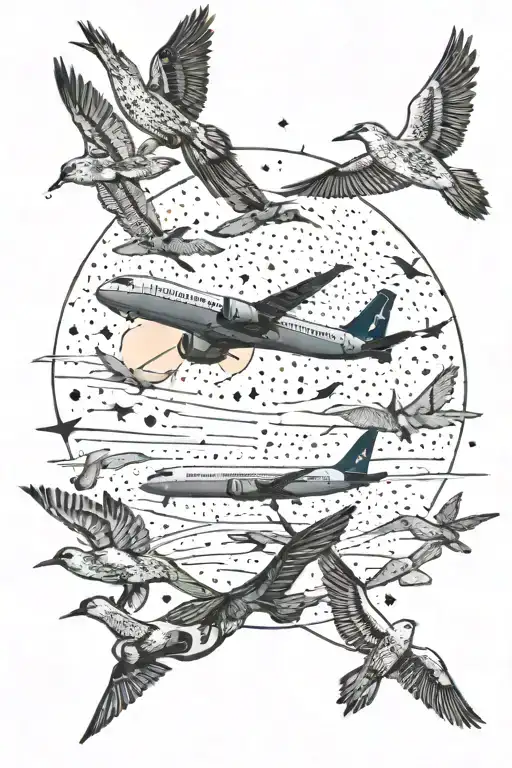 A flock of birds transforming into a constellation of stars above an airport runway tattoo design idea
