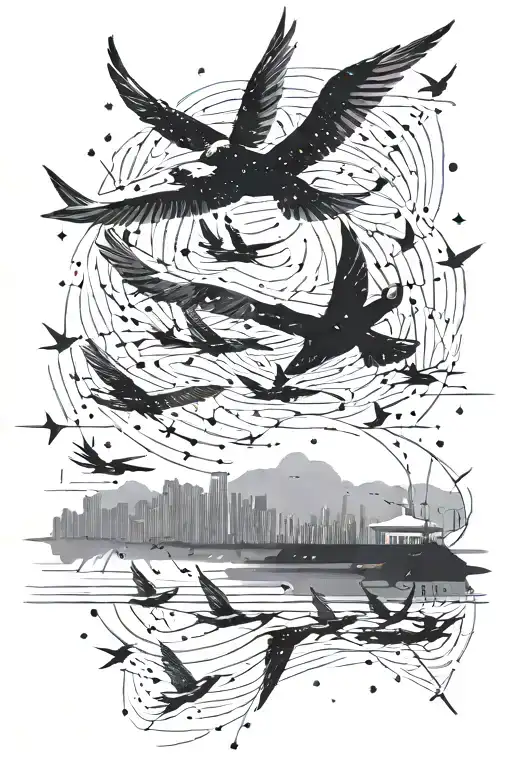 A flock of birds transforming into a constellation of stars above an airport runway tattoo design idea