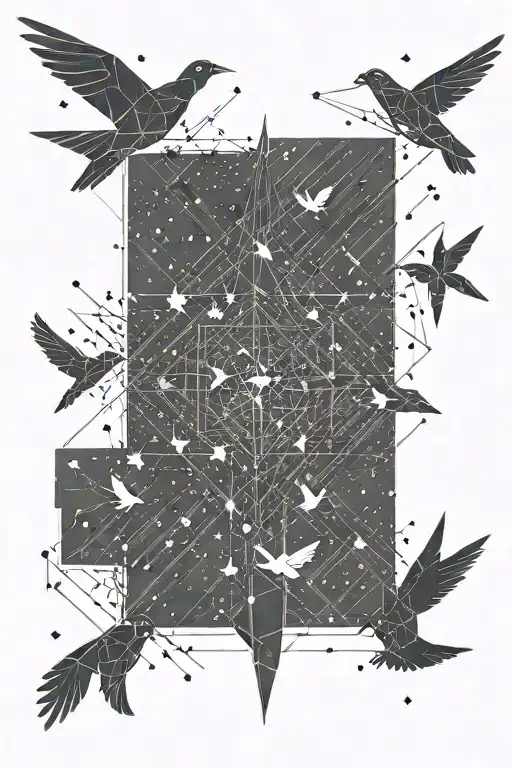 A flock of birds transforming into a constellation of stars above an airport runway tattoo design idea