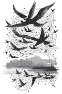 A flock of birds transforming into a constellation of stars above an airport runway tattoo design idea