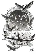 A flock of birds transforming into a constellation of stars above an airport runway tattoo design idea