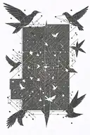 A flock of birds transforming into a constellation of stars above an airport runway tattoo design idea