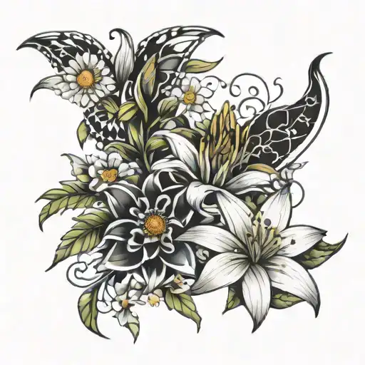 daisy, lily and rose intertwined tattoo design idea